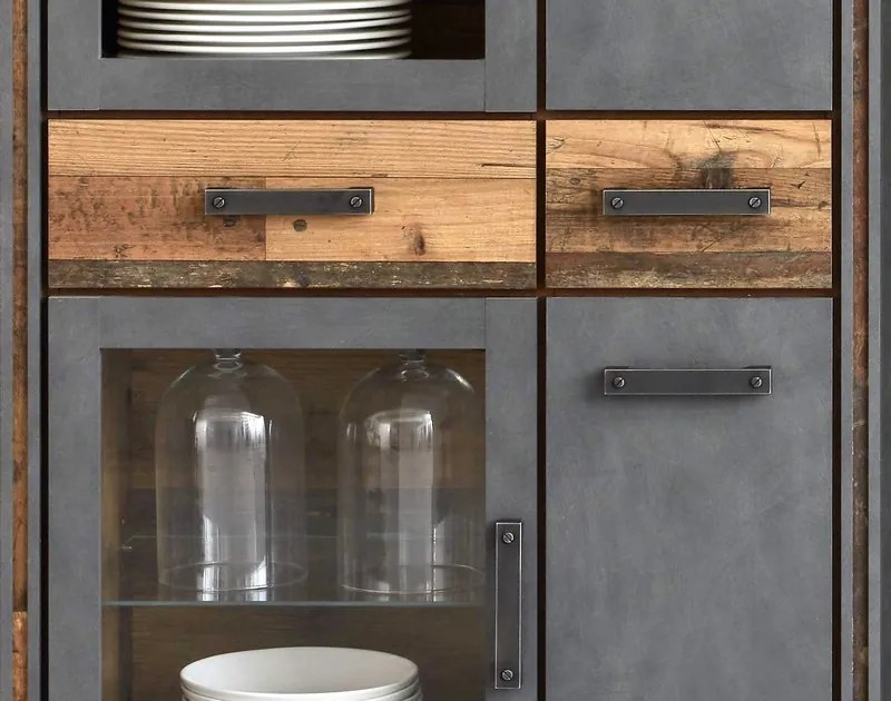 Vysoká vitrína Prime, vintage optika dreva