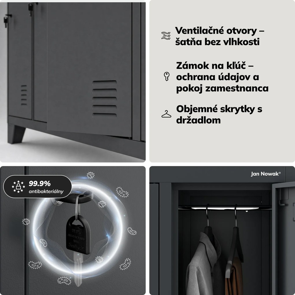 Kovová šatní skriňa na oblečenie BHP 10-dverová BARTEK 1360 x 1720 x 450 mm, antracitová