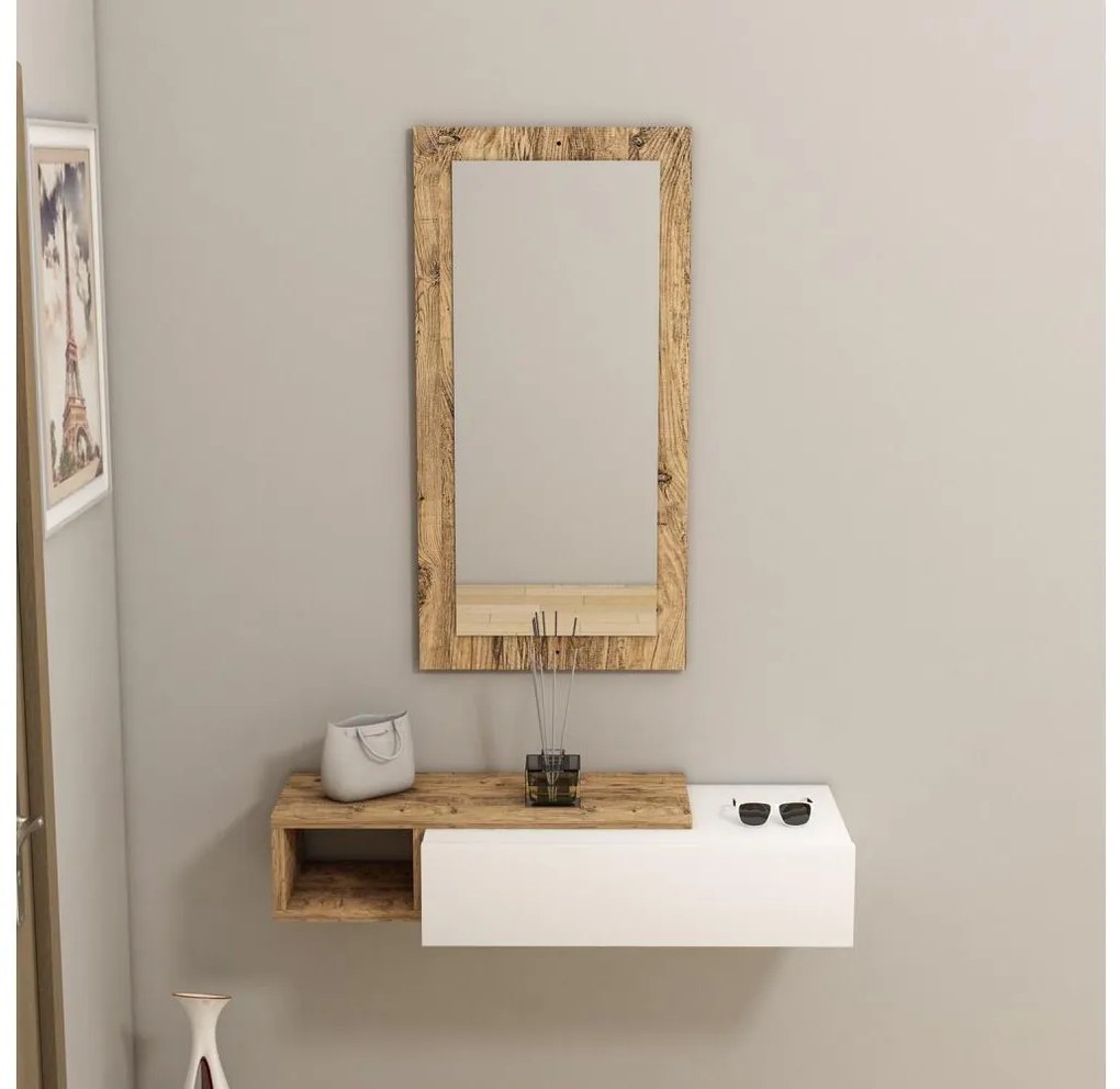 Nástenná polica + nástenné zrkadlo VIEN biela/borovica atlantic