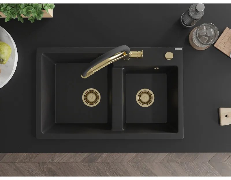 Mexen Tomas, 2-komorový granitový drez 800x500x190 mm a kuchynská batéria Duo, čierna, 6516-77-671701-57-G