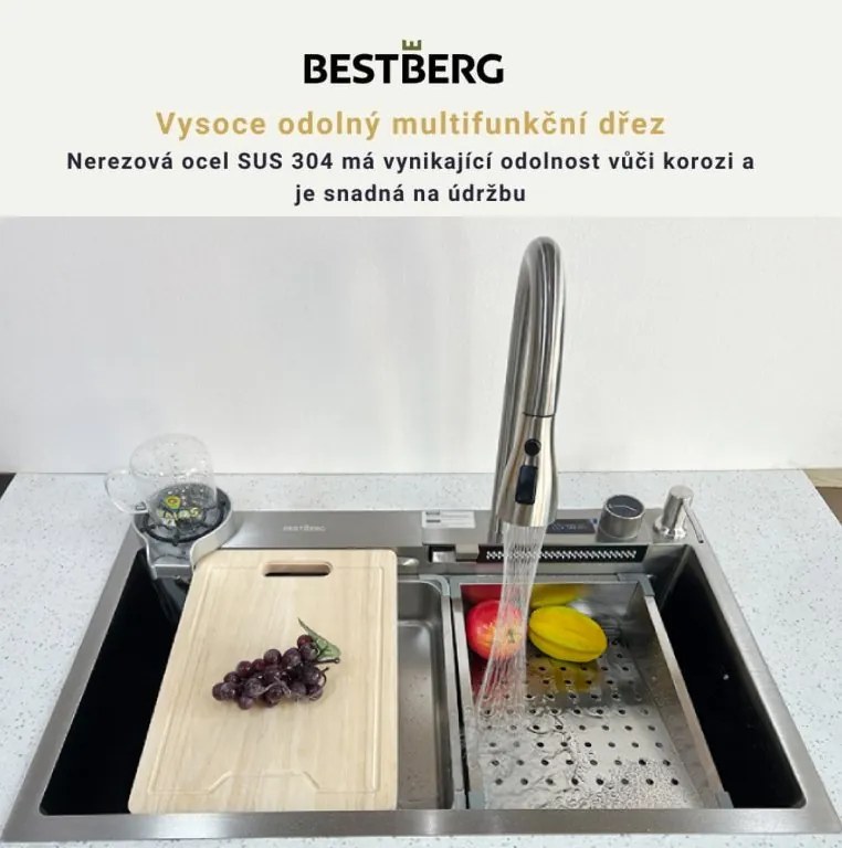 Multifunkčný inteligentný drez BestBerg BBSS-10S / 75 x 45 x 22 cm / nerezová oceľ / strieborná