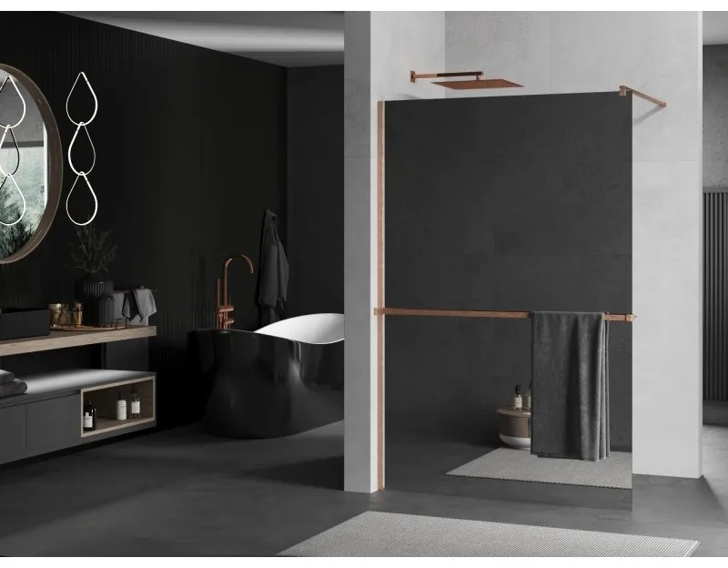 Mexen Kioto+, sprchová zástena Walk-In s poličkou a vešiakom 70 x 200 cm, 8mm sklo vzor zrkadlo, medený matný profil, 800-070-121-65-50