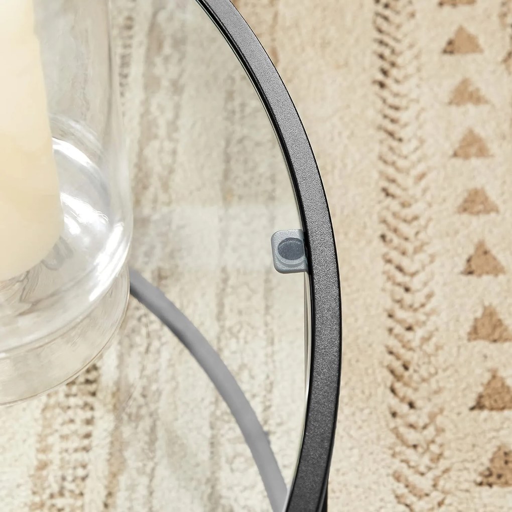 Okrúhly konferenčný stolík, sklenený stolík s kovovým rámom, čierny