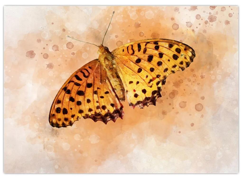 Sklenený obraz - Oranžový motýľ, aquarel (70x50 cm)