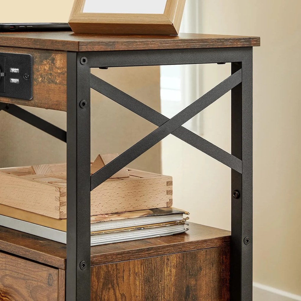 Noční stolek Vasagle Zrava 38 cm s nabíjecí stanicí hnědý/černý