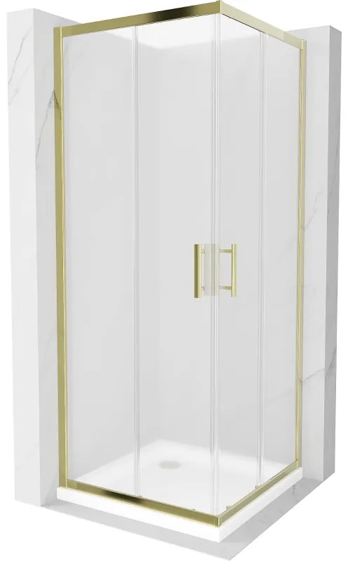 Mexen Rio, štvorcový sprchovací kút s posuvnými dverami 90(dvere) x 90(dvere) x 190 cm, 6mm sklo námraza, zlatý profil + biela sprchová vanička SLIM, 860-090-090-50-30-4010G