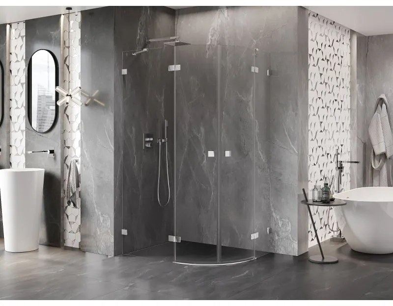 Mexen Lunar, polkruhový sprchový kút naklápací doľava 90 x 80 cm, 8mm číre sklo, chrómový profil, 833-090L-080P-01-00