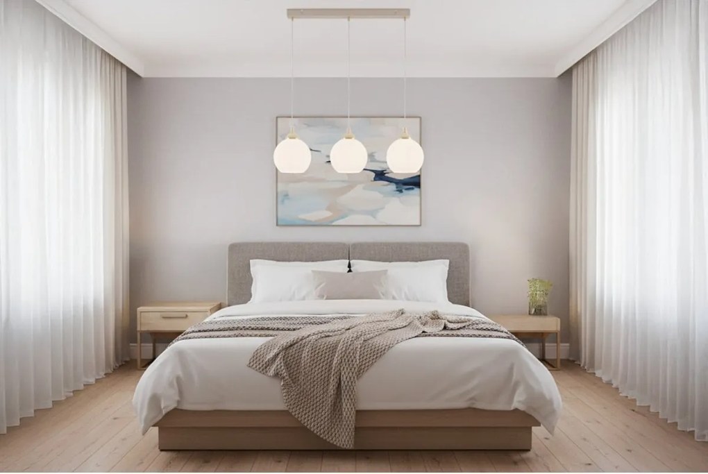 Závesné svietidlo Eliza, 3x biele sklenené tienidlo, g/be