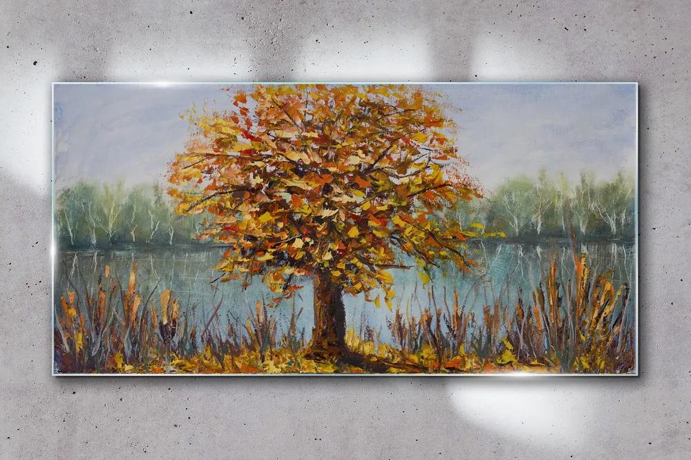 Skleneny obraz Jazero stromy jesenné lístie