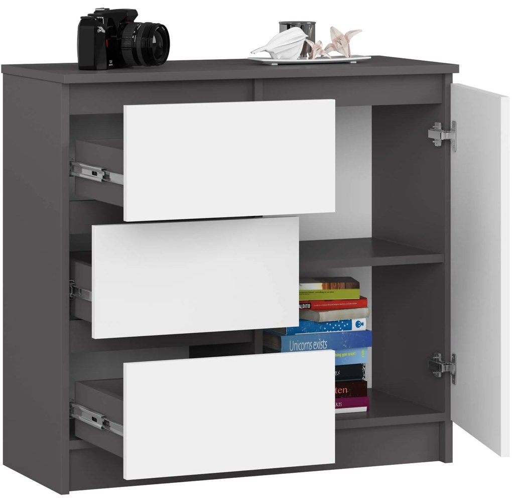 Komoda JERRY K 80 cm jedny dvere 3 zásuvky šedá/biela