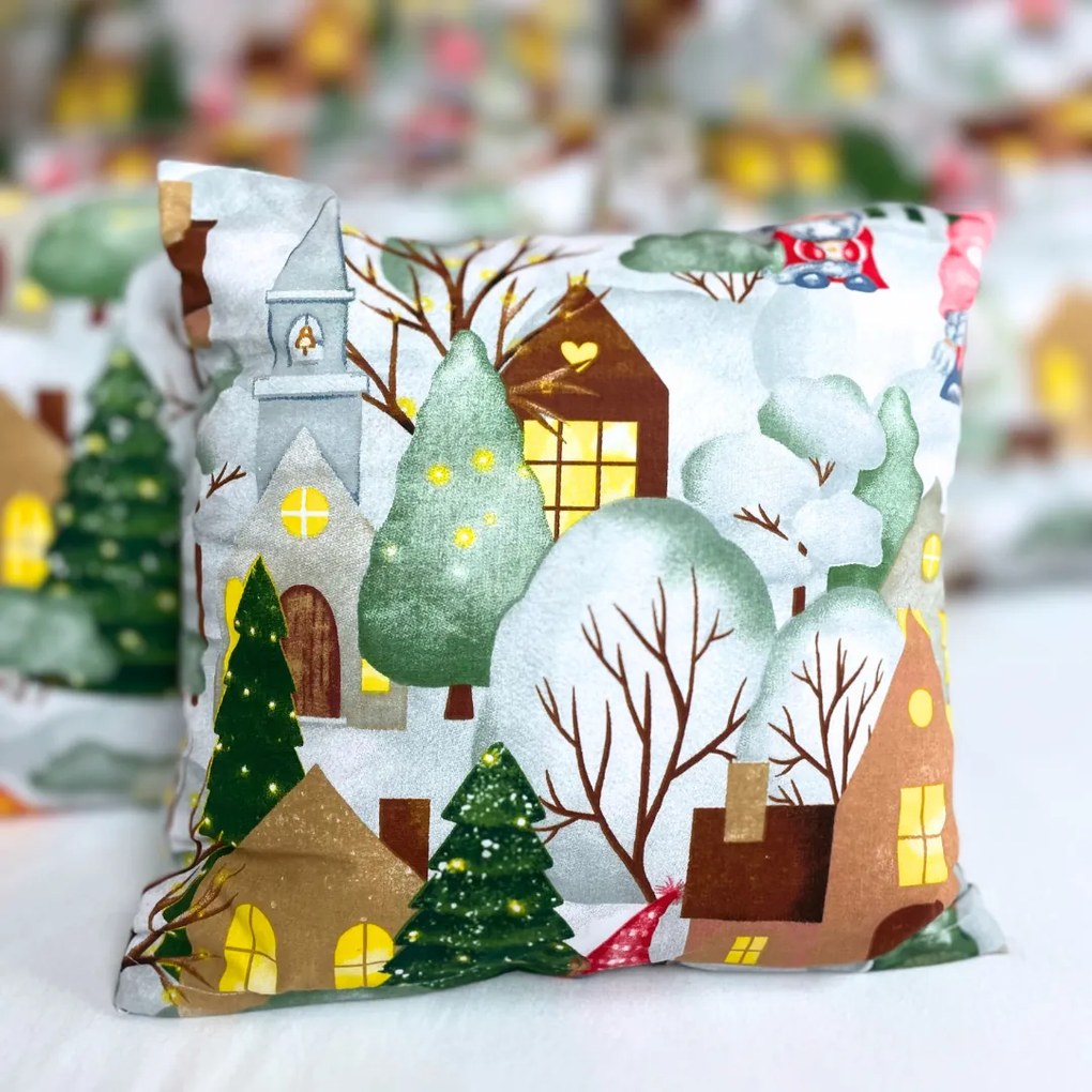 Vianočná obliečka na vankúš CHRISTMAS HOME – 100 % bavlna, zimná dedinka, rôzne rozmery Veľkosť: 50x50 cm