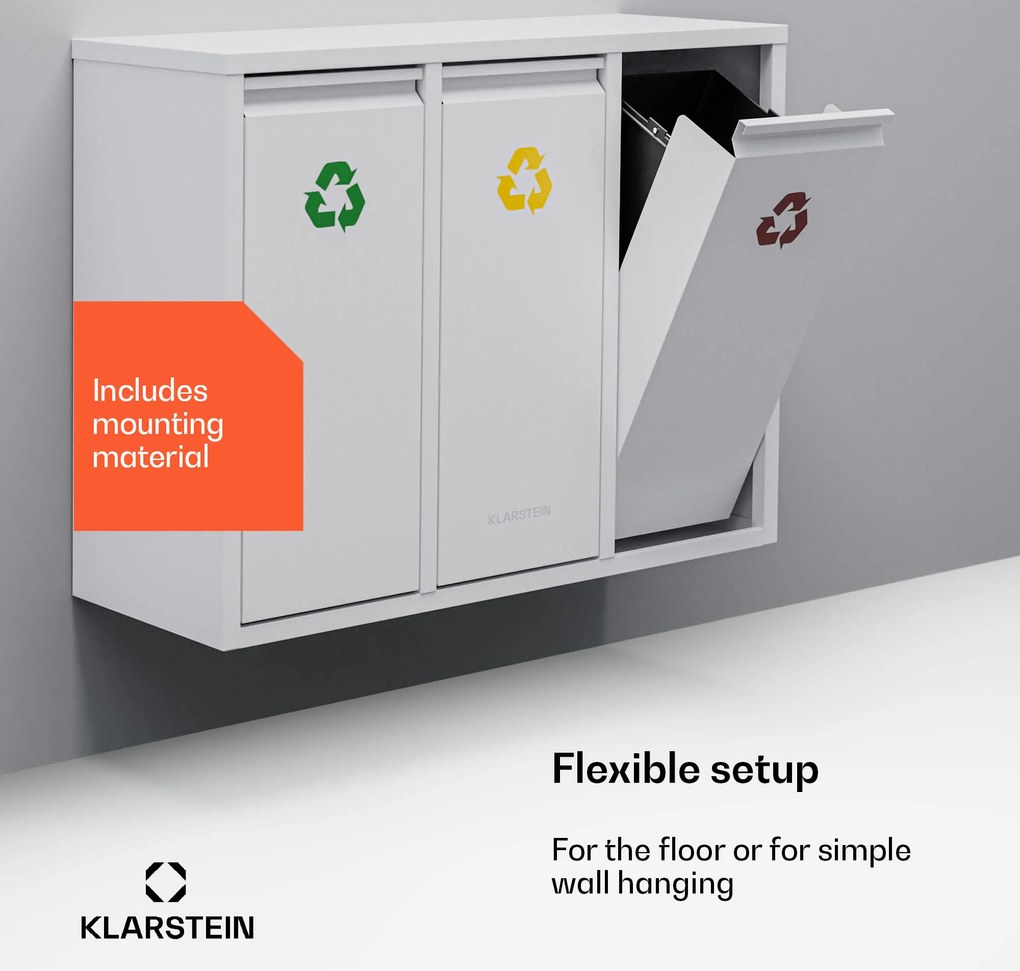 Klarstein Ordnungshüter 3, odpadkový kôš, 45 litrov, 3 recyklačné koše, nástenná inštalácia