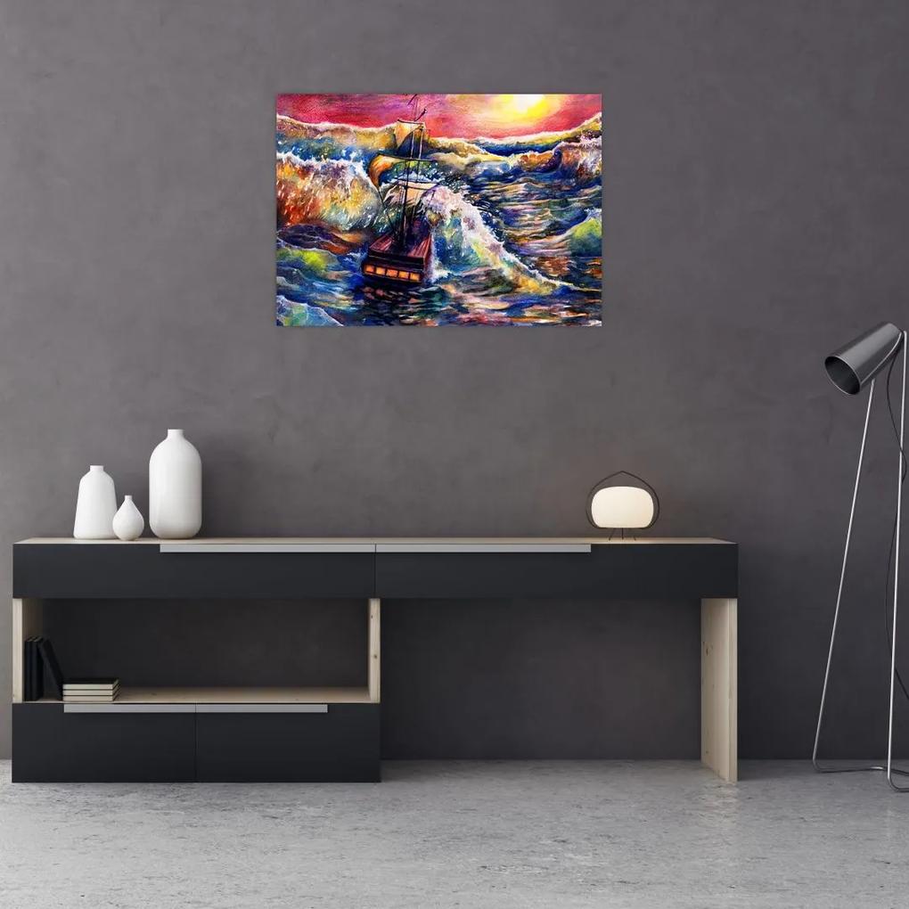 Sklenený obraz - Loď na oceánskych vlnách, aquarel (70x50 cm)