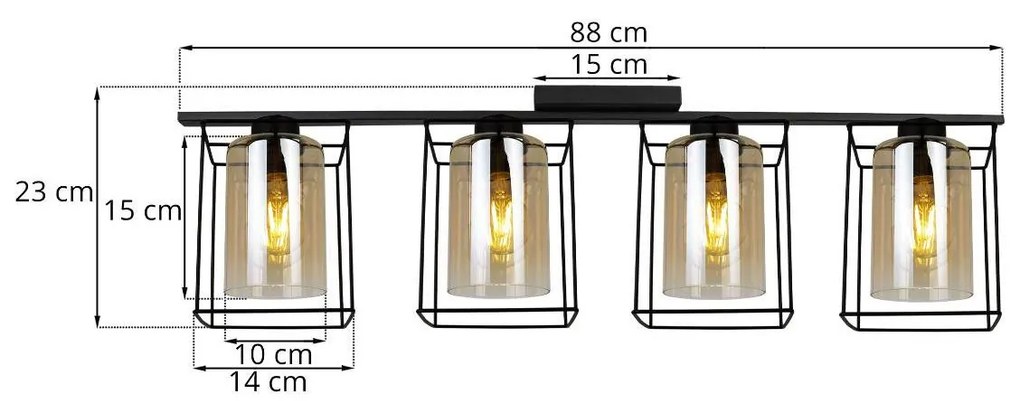 Stropné svietidlo Hella cage, 4x medové sklenené tienidlo v kovovom ráme