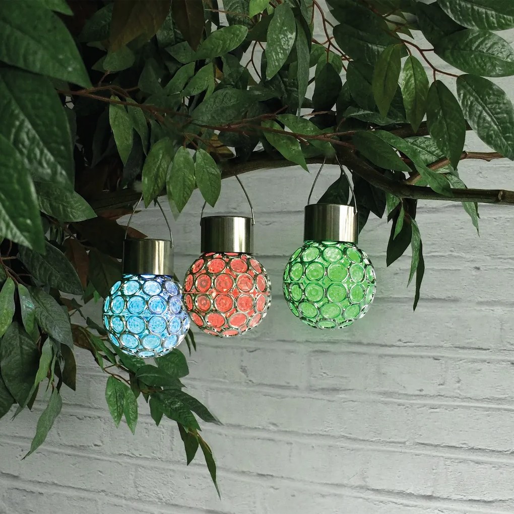 Exteriérové solárne závesné svietidlo Ring, 1x strieborné krištáľové tienidlo, RGB