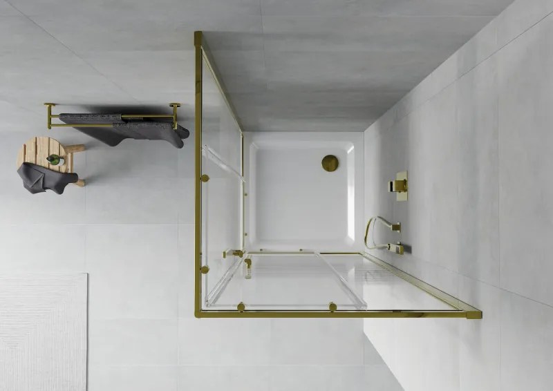 Mexen Rio, štvorcový sprchovací kút s posuvnými dverami 90(dvere) x 90(dvere) x 190 cm, 6mm číre sklo s pásikmi, zlatý profil + biela sprchová vanička SLIM, 860-090-090-50-20-4010G