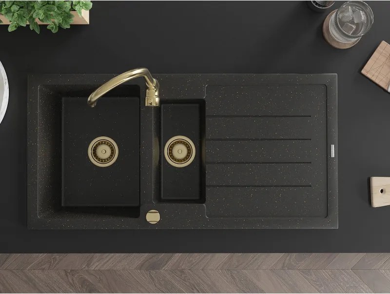 Mexen Andres, granitový drez 1000x500x200 mm, 1,5-komorový, čierna so zlatou metalízou a zlatým sifónom, 6515101510-75-G