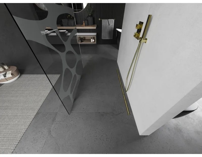 Mexen Kioto, sprchová zástena Walk-In 140 x 200 cm, 8mm číre sklo biely vzor, zlatý matný profil, 800-140-002-55-97