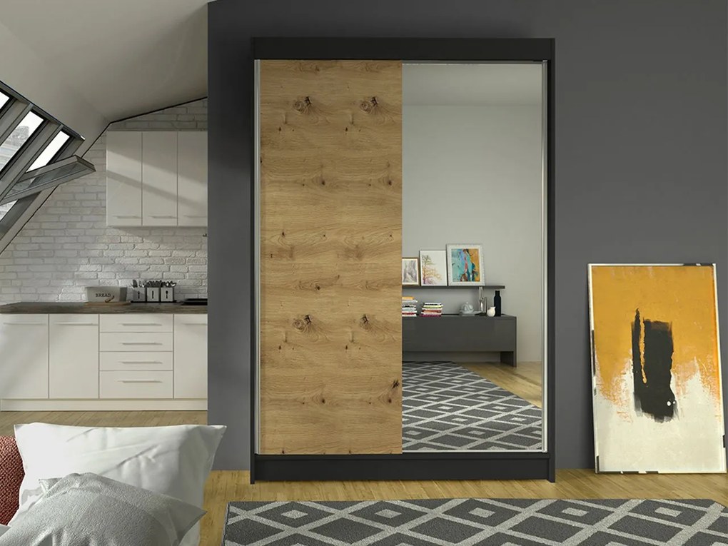 Posuvná skriňa so zrkadlom Parys I, Farby: čierny / dub artisan, Osvetlenie: osvetlenie LED RGB - farebné