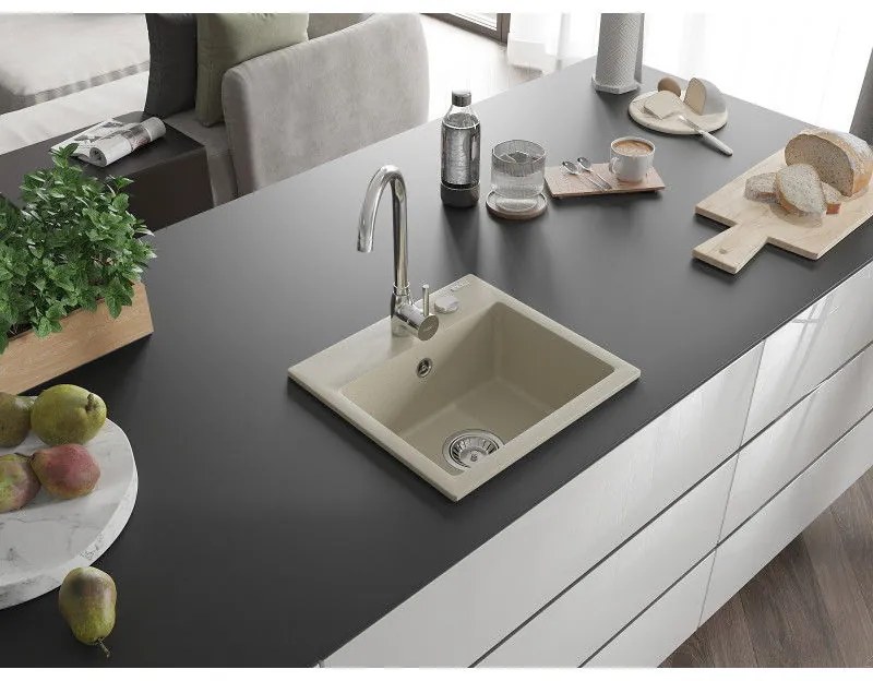 Mexen Milo, 1-komorový granitový drez 435x410x171 mm a chrómová batéria Telma, béžová, 6505-69-670200-00