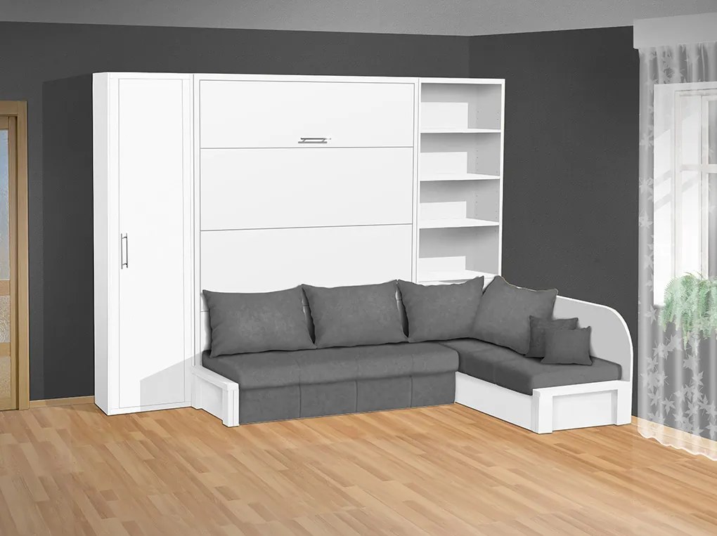 Nabytekmorava Sklápacia posteľ s rohovou pohovkou VS 3075P - 200x180 cm + policová skriňa 60 nosnost postele: štandardná nosnosť, farba lamina: biela 113, farba pohovky: nubuk 22 sivá