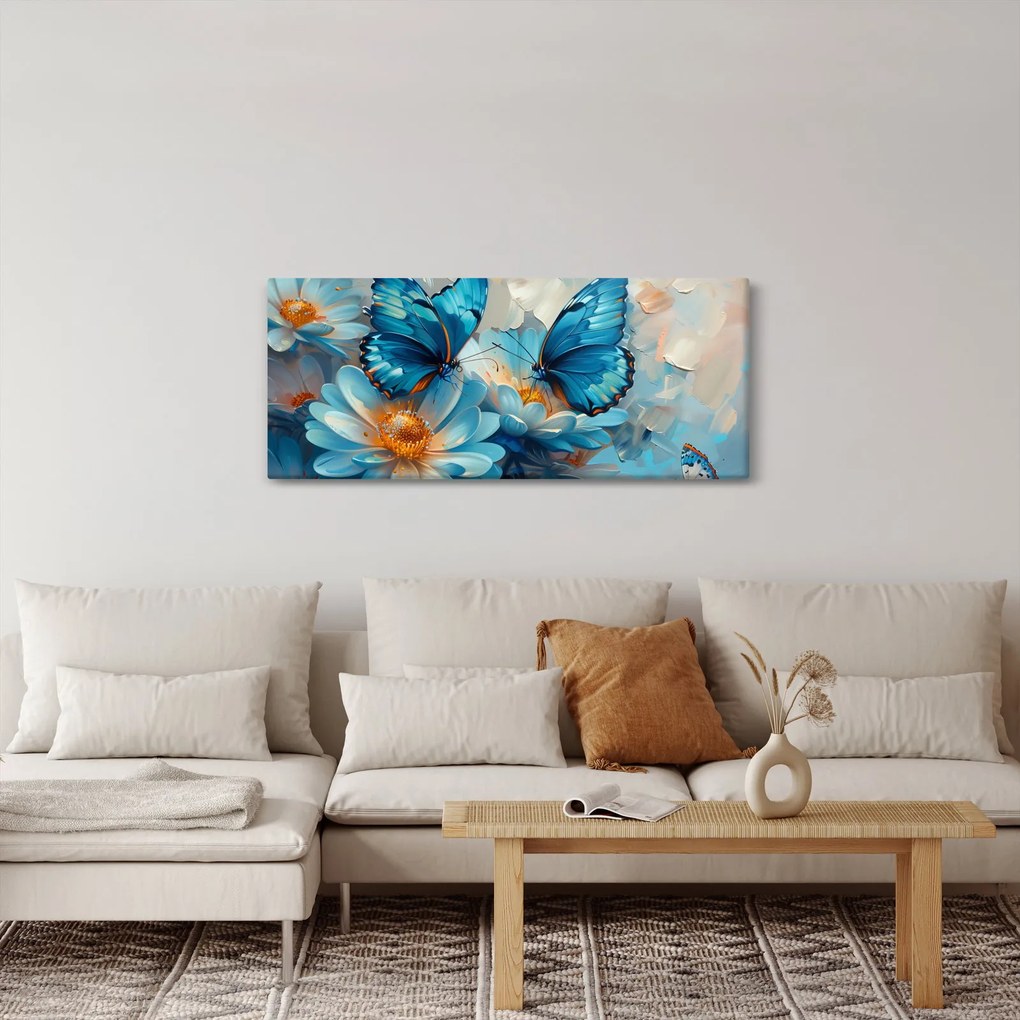 Obraz - Modrí motýle (120x50 cm)