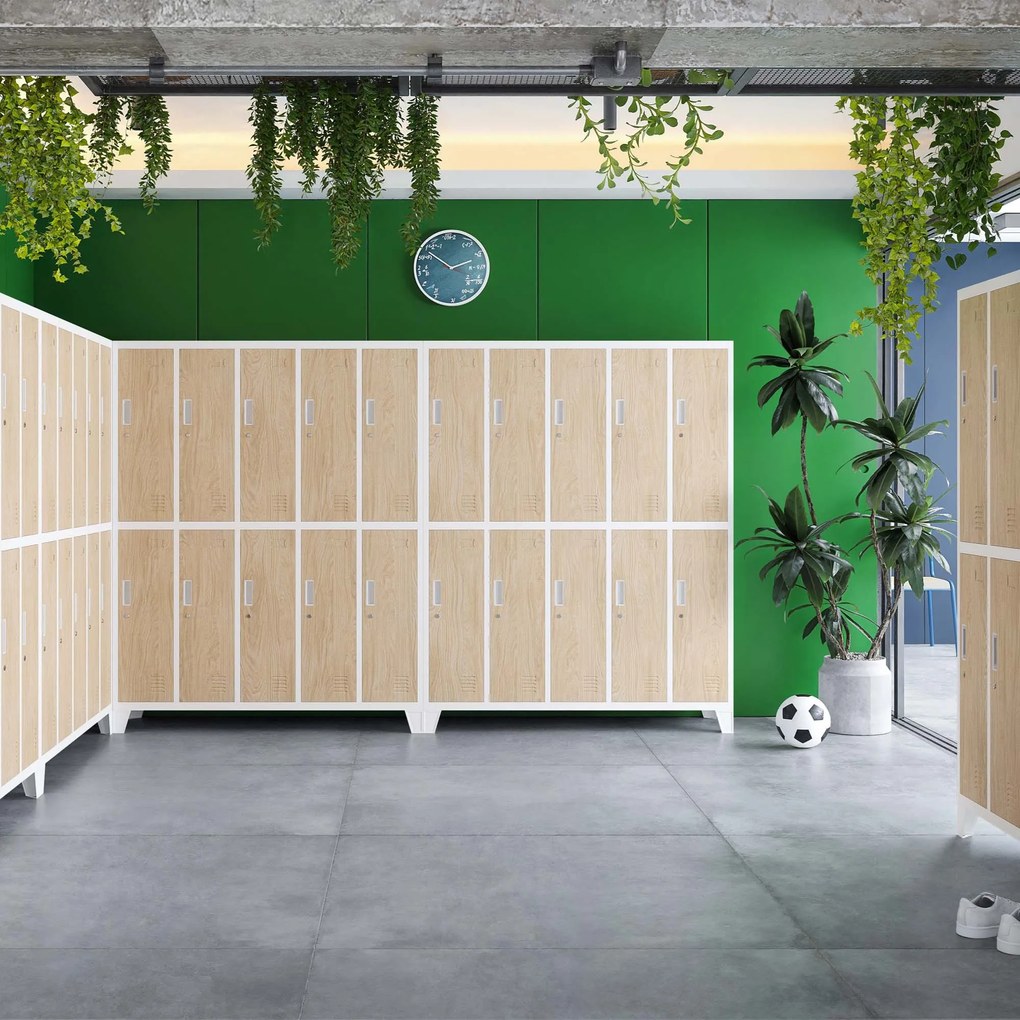 Kovová šatňová boxová skriňa na nôžkach s 10 boxami BARTEK, 1360 x 1720 x 450 mm, Eco Design: biela/ dub sonoma