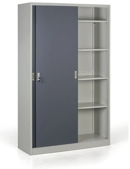Kovová skriňa s posuvnými dverami, 4 police, 1200 x 1990 x 450 mm, tmavo sivá