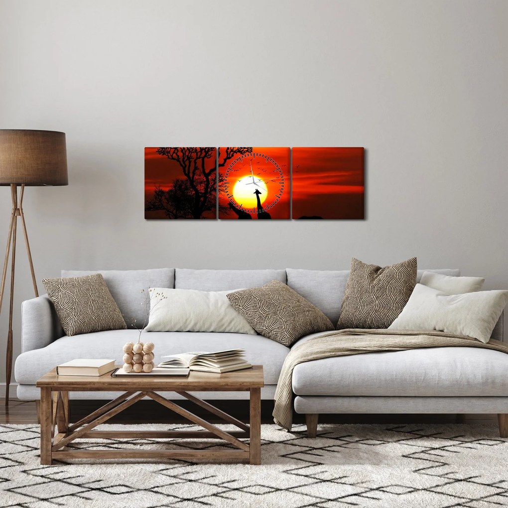 Obraz - Siluety zvierat pri západe slnka (s hodinami) (90x30 cm)