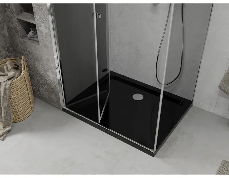 Mexen Lima, sprchový kút so skladacími dverami 90 (dvere) x 120 (stena) cm, 6mm šedé sklo, chrómový profil + slim sprchová vanička čierna + chrómový sifón, 856-090-120-01-40-4070