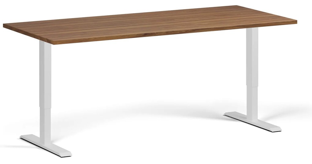 Výškovo nastaviteľný stôl, 180x80 cm, 2 motory, biela podnož, orech