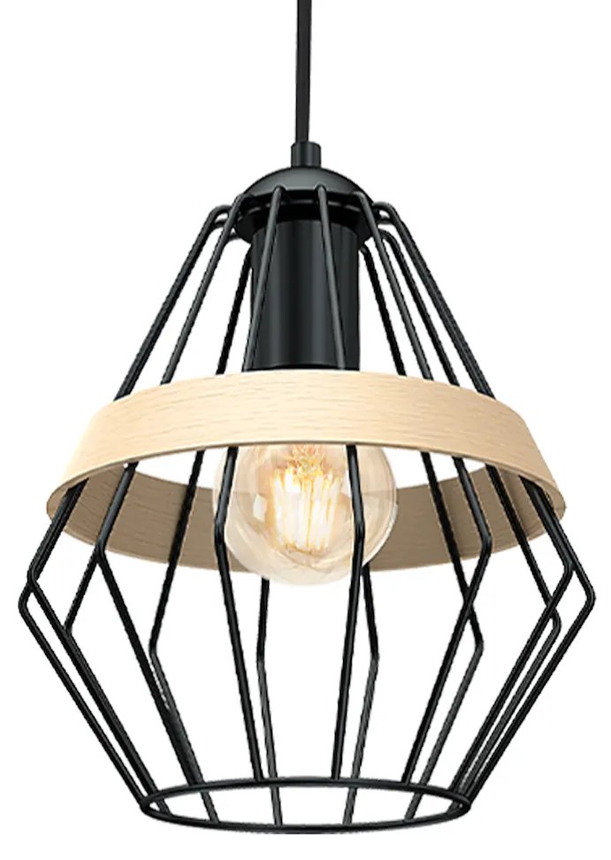 Závesné svietidlo Cliff, 1x drevené/čierne drôtené tienidlo, b