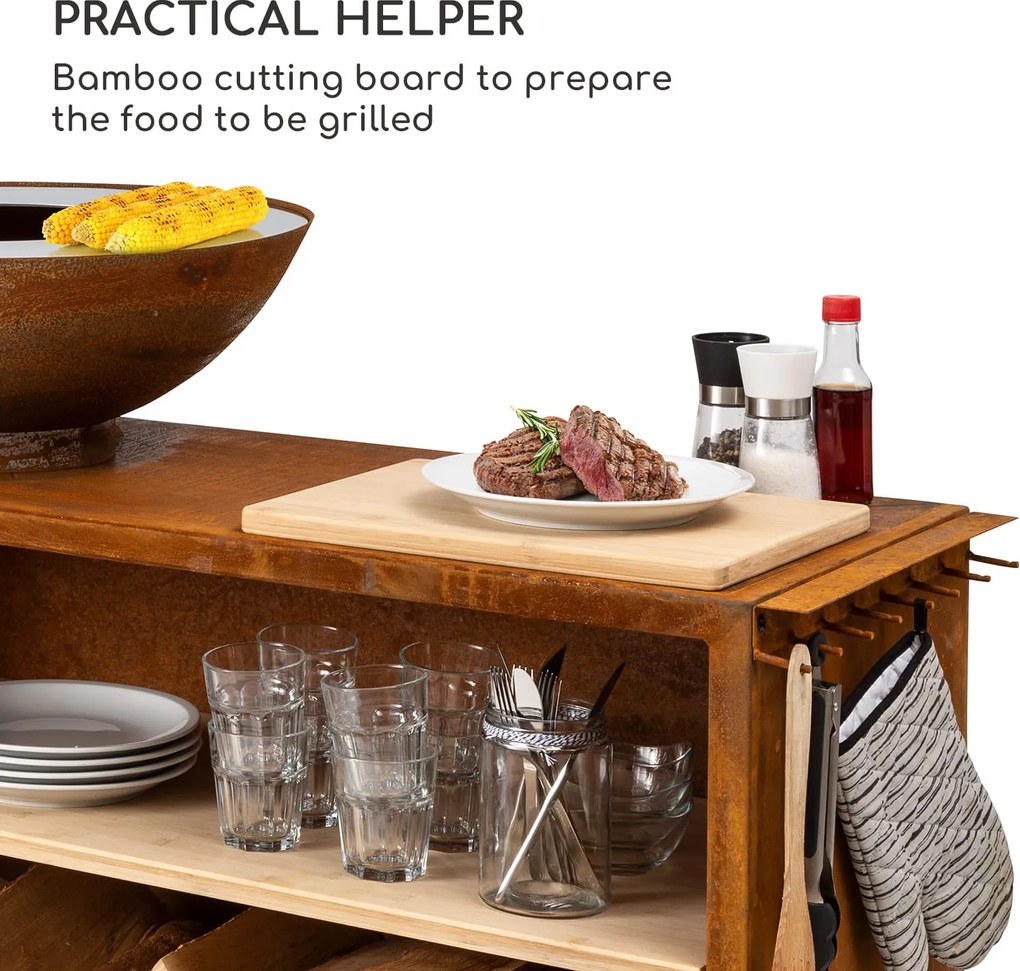 Blumfeldt Savage 2.0 Wide, ohnisko s grilom, bambusová doska na krájanie, ochranný kryt