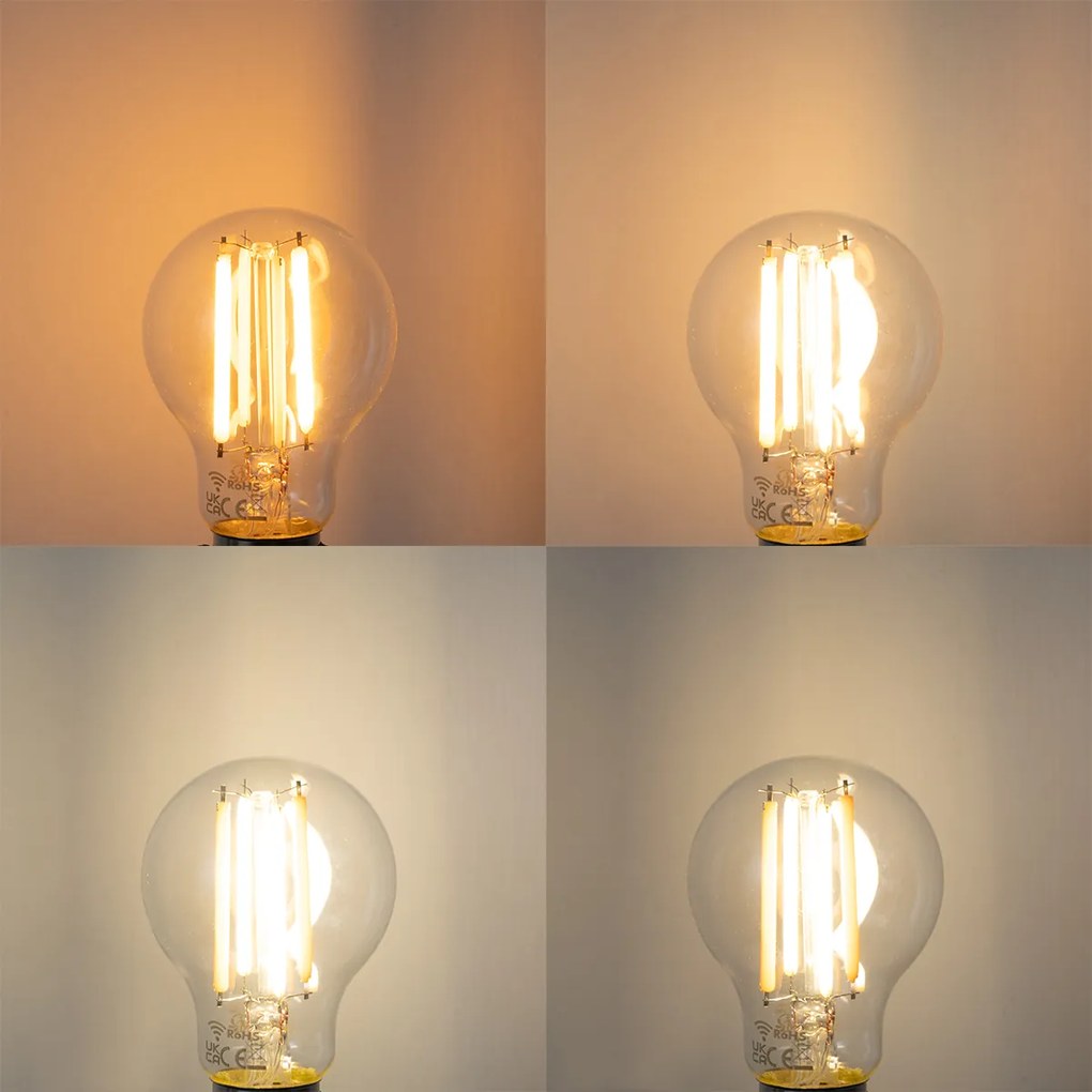 Sada 5 inteligentných LED žiaroviek E27 A60 čírych, stmievateľných (1800-3000K), 7W 806 lm