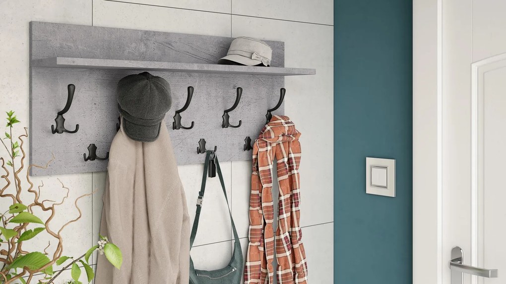 FINLO Beton Millenium / držiaky Čierne matné - MODERNÝ NÁSTENNÝ VEŠIAK S POLICAMI DO PREDSIENE 90 cm
