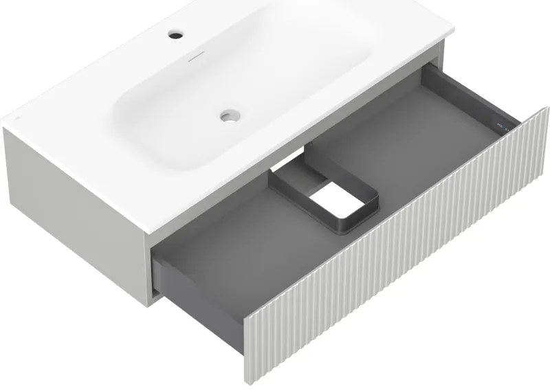 Mexen Rivel, kúpeľňová skrinka 90 cm s umývadlom Vela, 1 zásuvka, drážkovaná, šedá matná/biela matná, 91A20-09023-1-BF62-W23M01