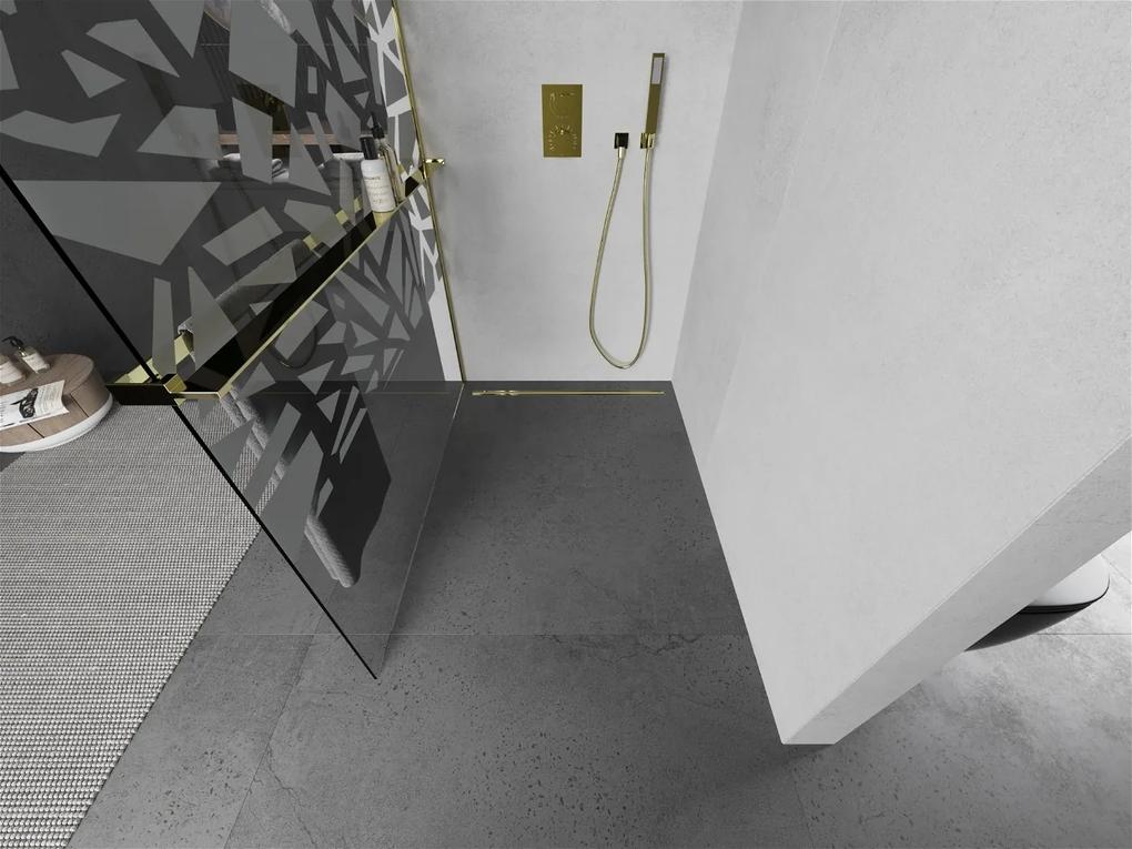 Mexen Kioto+, sprchová zástena s poličkou a držiakom na uteráky 70 x 200 cm, 8mm číre sklo vzor biely, zlatý profil 800-070-121-50-85