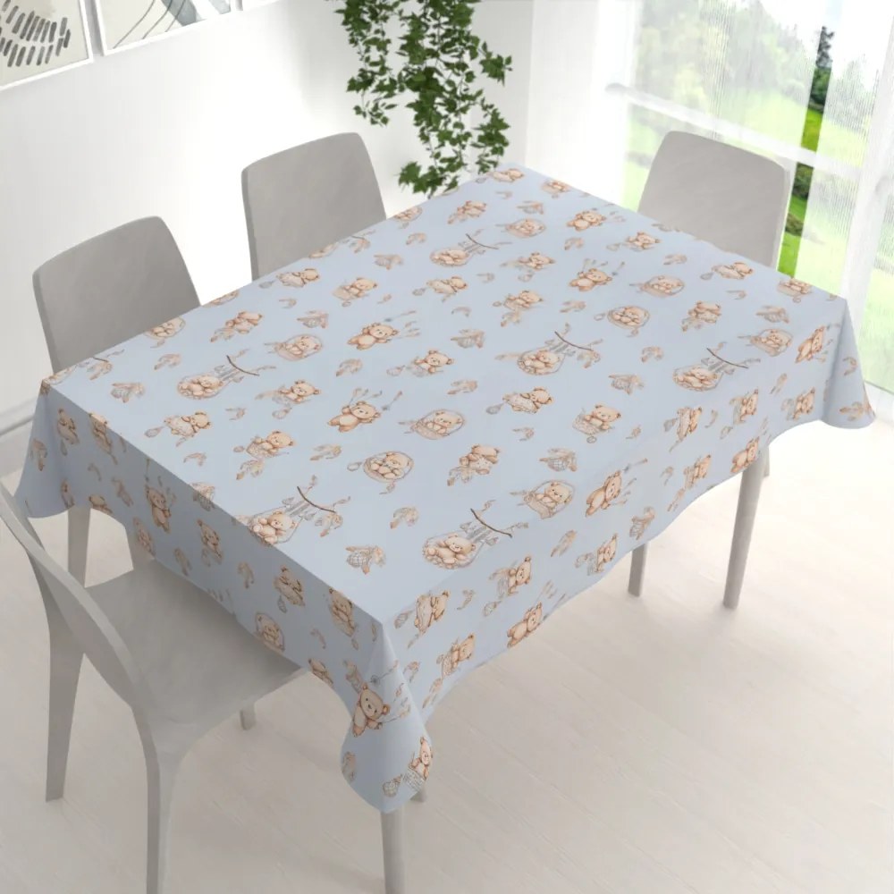 Biante Detský bavlnený obdĺžnikový obrus Sandra SA-615 Medvedíky v košíčkoch na modrom 80x120 cm