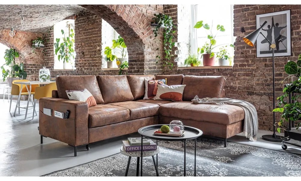 Hnedá rozkladacia rohová pohovka z imitácie kože (pravý roh) Lofty Lilly – Miuform