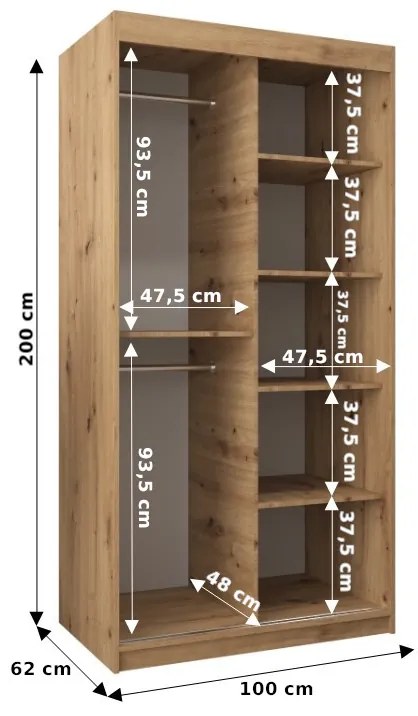 Šatníková skriňa 100 cm Toki 2 (Biela matná + Dub artisan). Vlastná spoľahlivá doprava až k Vám domov. 1064959