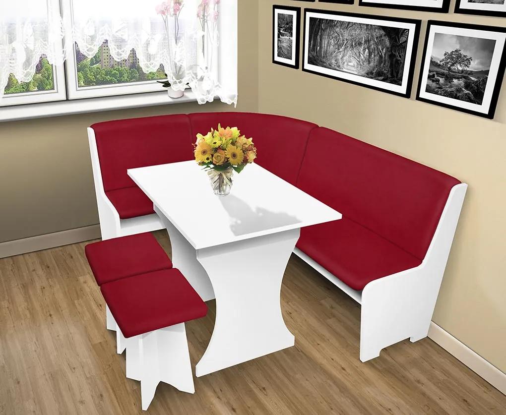 Nabytekmorava Jedálenská rohová lavica sa štokrlemi a stolom farba lamina: biela 113, čalúnenie vo farbe: Alova červená