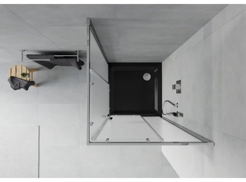 Mexen Rio, štvorcový sprchovací kút s posuvnými dverami 80(dvere) x 80(dvere) x 190 cm, 6mm sklo námraza, chrómový profil + čierna sprchová vanička SLIM, 860-080-080-01-30-4070