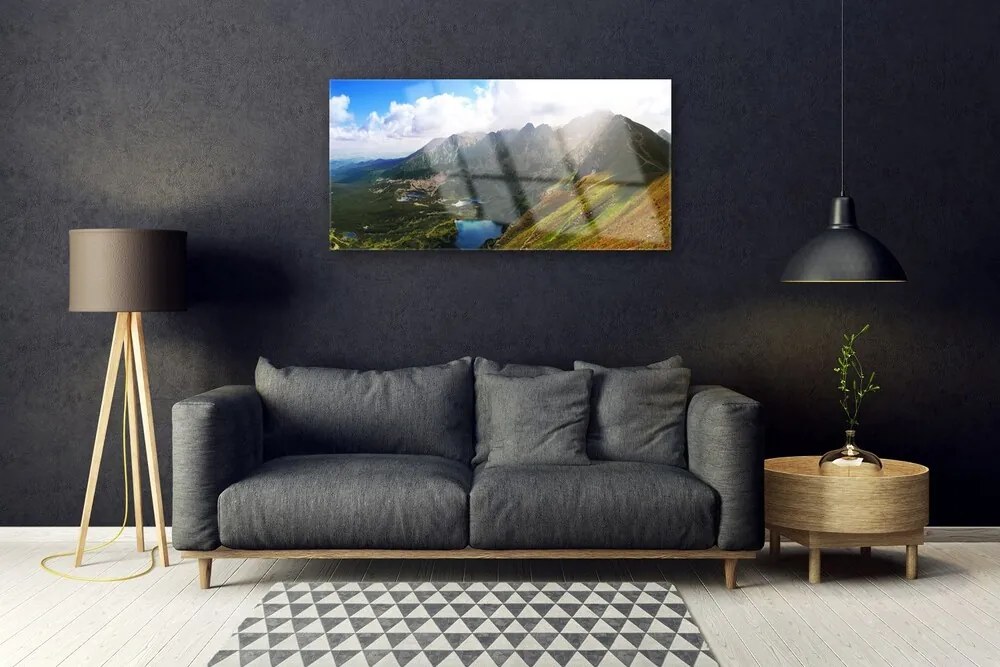 Skleneny obraz Hory lúka príroda 140x70 cm