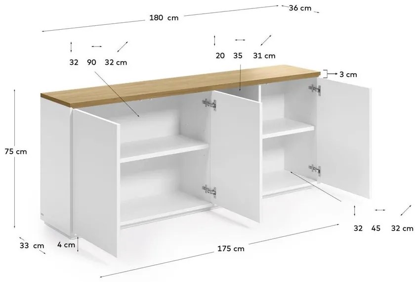 Moderná komoda ABIDER policová 180 cm biely lak, dub prírodný