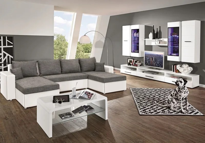 Sedacia súprava Rumba, tvar U, biela ekokoža/melírová tkanina