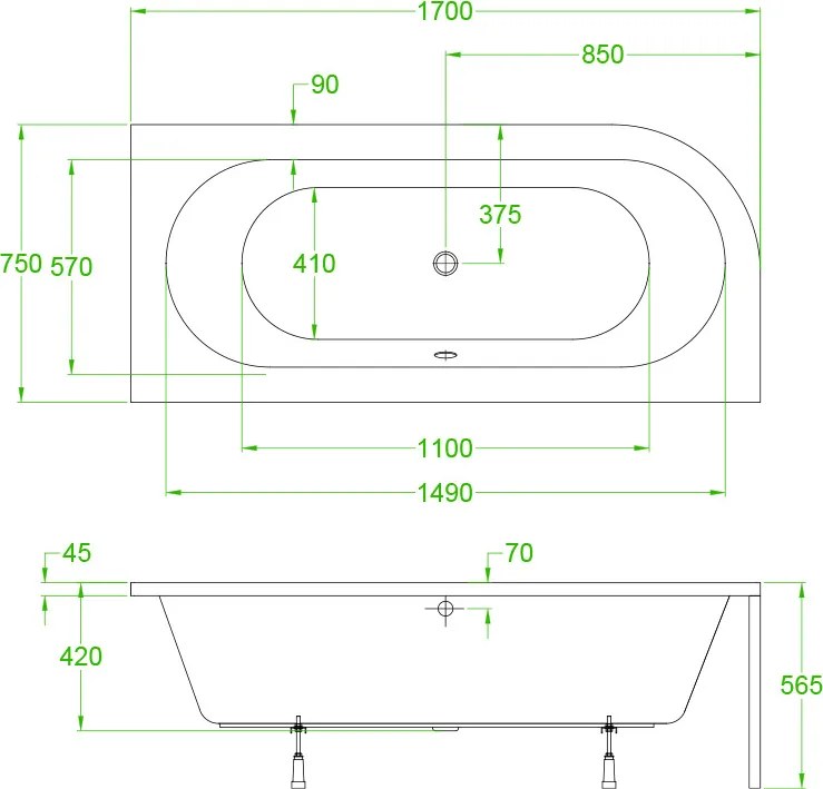BPS-koupelny Akrylátová asymetrická vaňa s krycím panelom HYD-EBI170P 170x75 cm PRAVÁ, biela