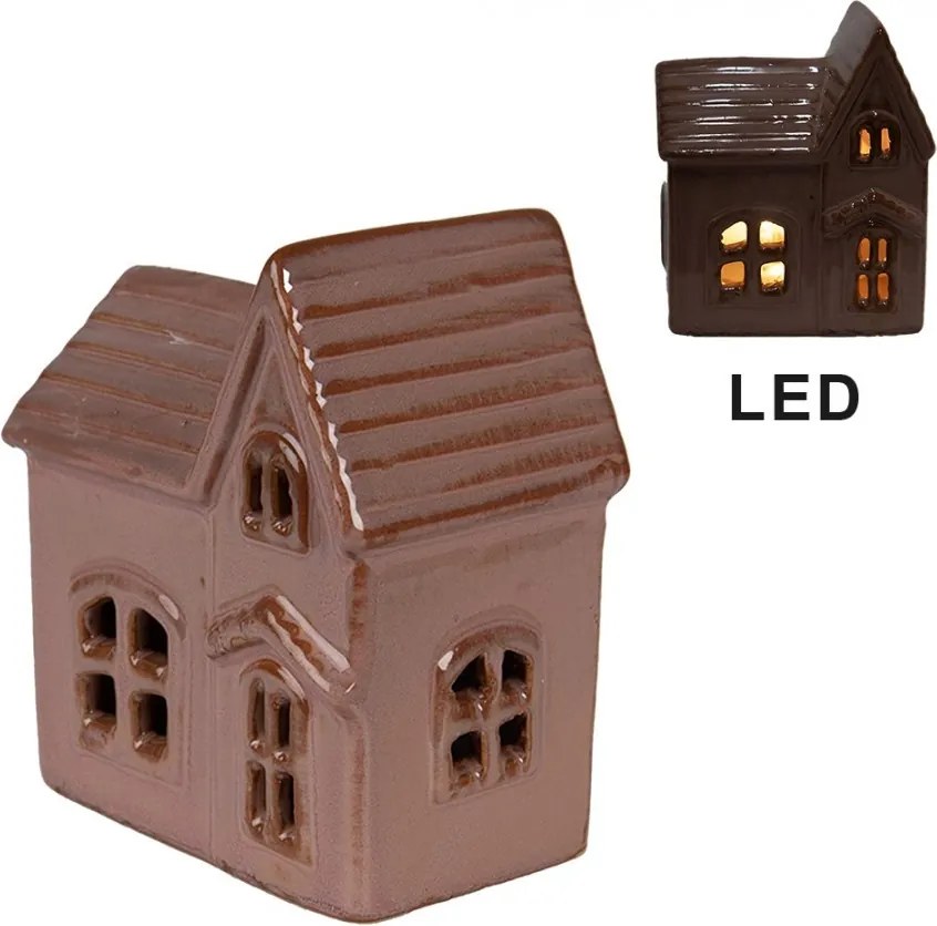 Hnedo-ružový keramický svietiaci LED domček - 10*6*11 cm