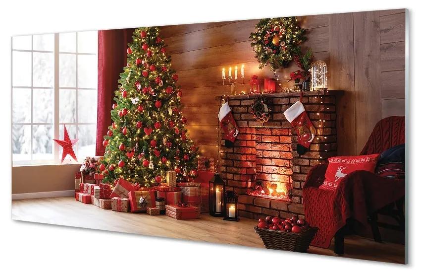Sklenený obraz Ozdoby na vianočný stromček darčeky ohnisko 140x70 cm
