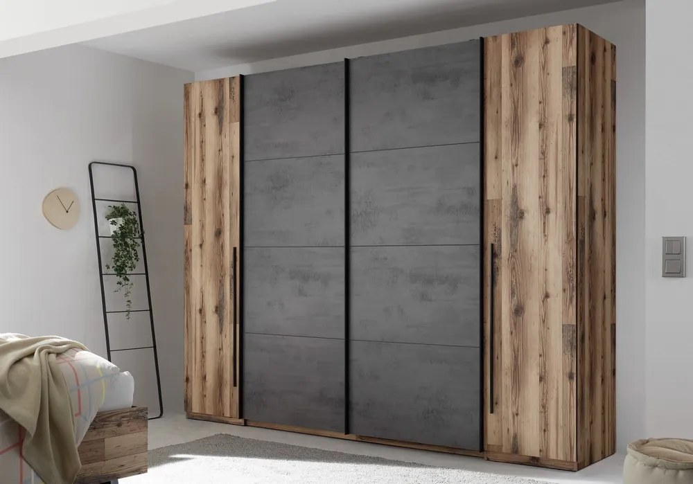 Šatníková skriňa Sarnia, 312 cm, zrubová dosky / tmavý betón