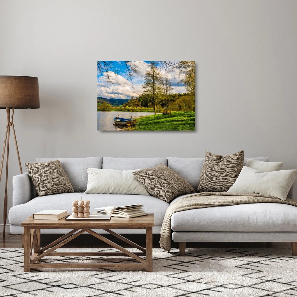 Sklenený obraz loďky pri jazere (70x50 cm)
